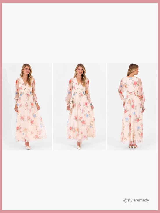 Floral Maxi Dress V Neck Puff Long Sleeve Flowy Casual Wedding Guest - Picture 7 of 7